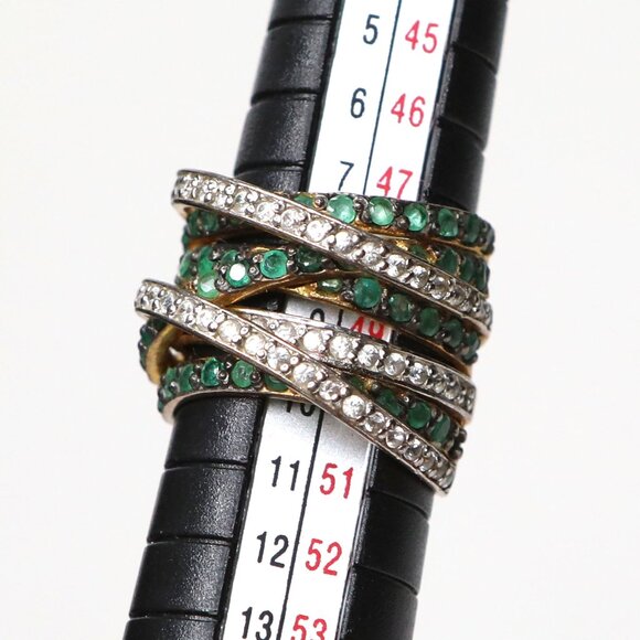 Vintage Crossover Gemstone Ring Gold Plated Sterling Silver Green Clear Stones - Picture 4 of 13